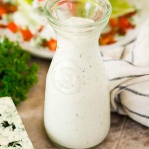 A jar of blue cheese dressing.