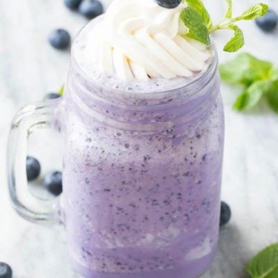 This recipe for a blueberry milkshake is a cool treat that's on the lighter side - this milkshake has 70% less calories than the original version!