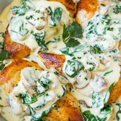 Chicken florentine in a creamy spinach sauce.