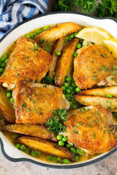 Chicken Vesuvio with peas and potatoes in white wine sauce.