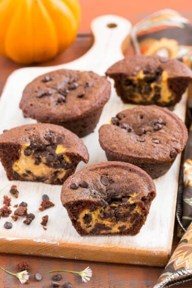 A rich chocolate muffin with a surprise chocolate chip pumpkin cheesecake center.