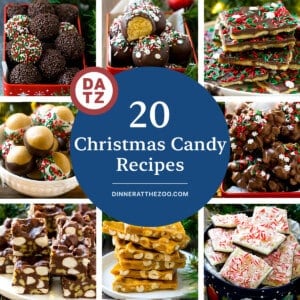 A group of Christmas candy recipes like rum balls, peppermint bark and rocky road fudge.