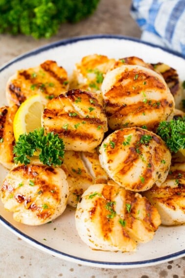 A plate of grilled scallops garnished with parsley and lemon.