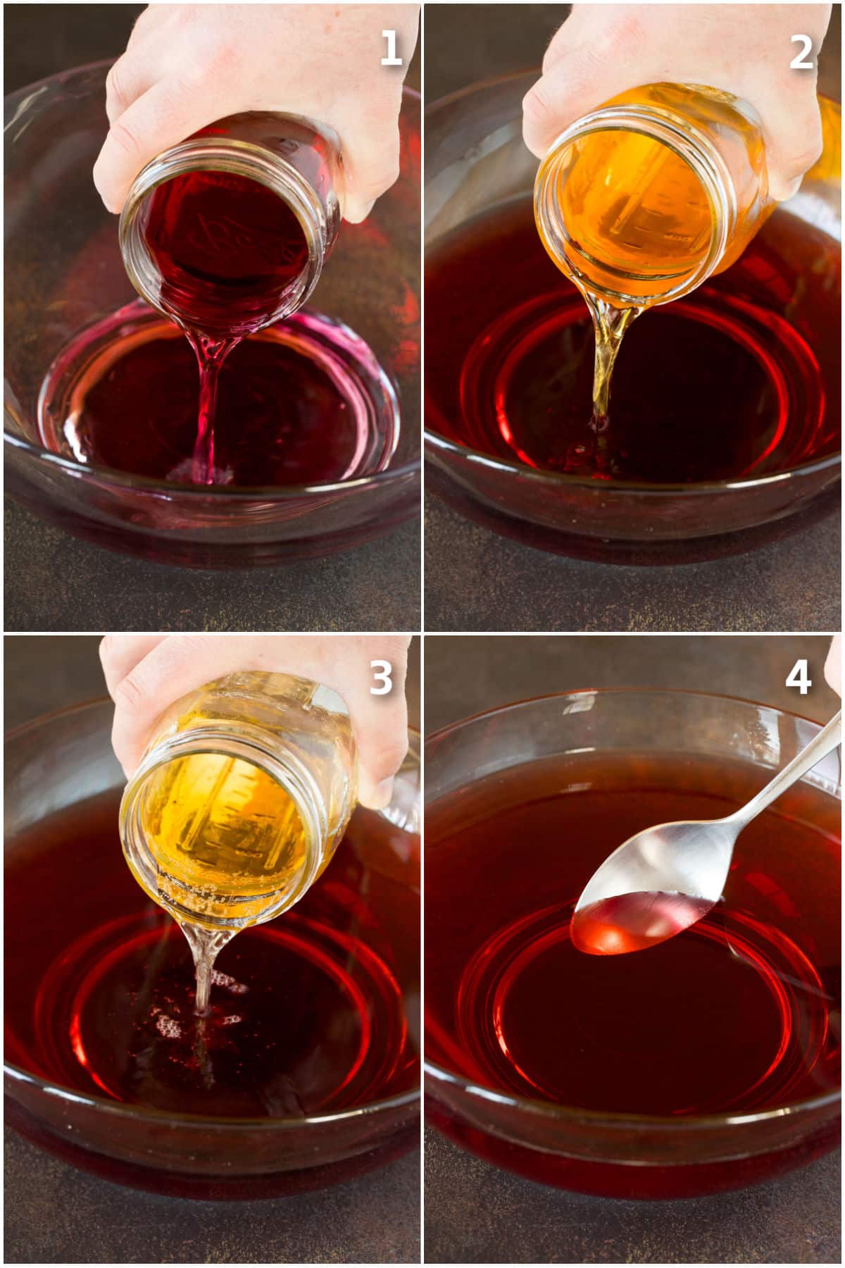 Juices being poured into a punch bowl and mixed together.