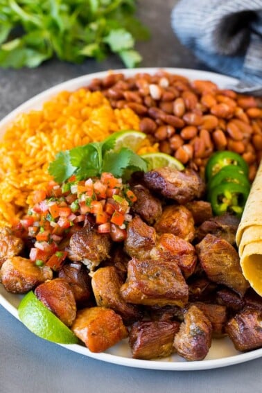 A plate of Instant Pot carnitas with rice, beans, salsa and tortillas.