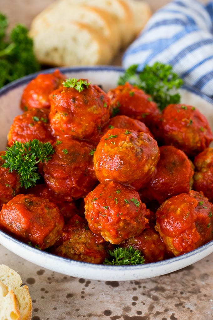 A bowl of Italian meatballs in tomato sauce.