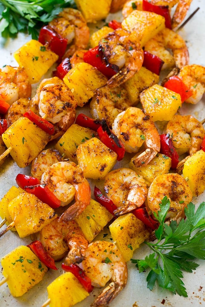 Jerk shrimp kabobs made with fresh pineapple, red bell peppers and jerk seasoning.