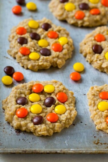 A sheet pan with no bake peanut butter cookies on it.