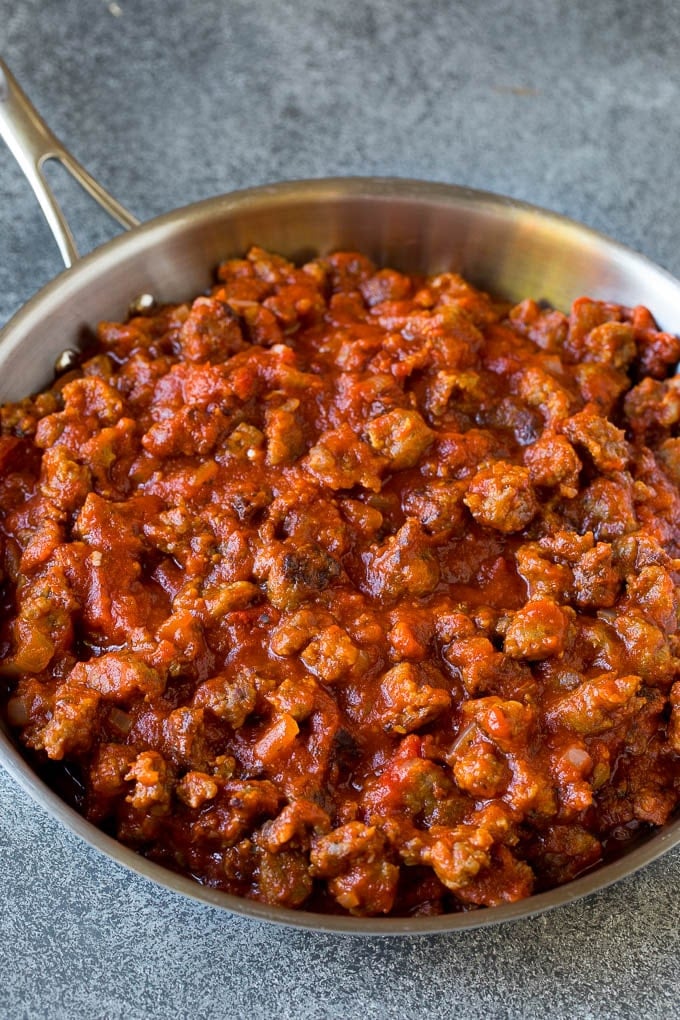 Meat pasta sauce in a skillet.