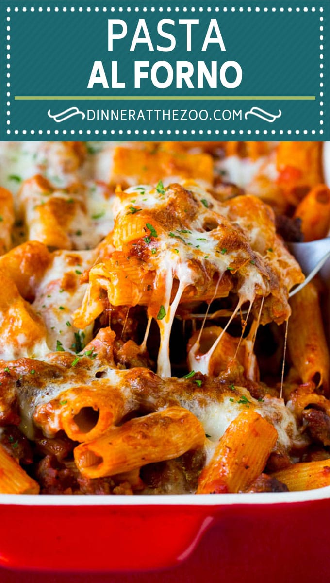 Pasta al Forno is hearty rigatoni noodles tossed in a savory meat sauce then topped with cheese and baked. #pasta #dinneratthezoo