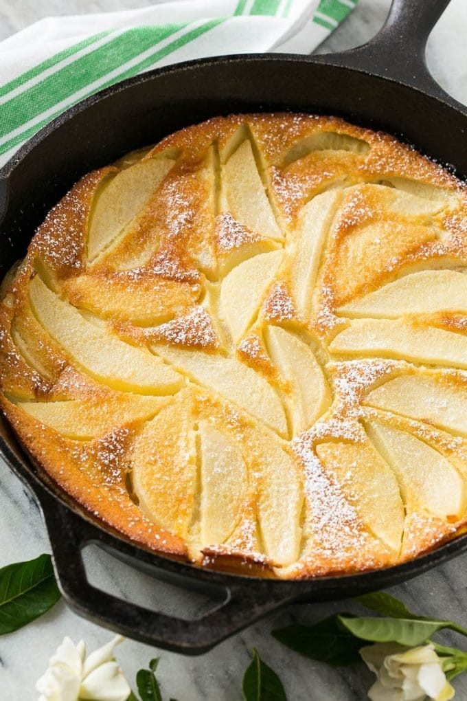 Pear custard pie in a cast iron skillet.