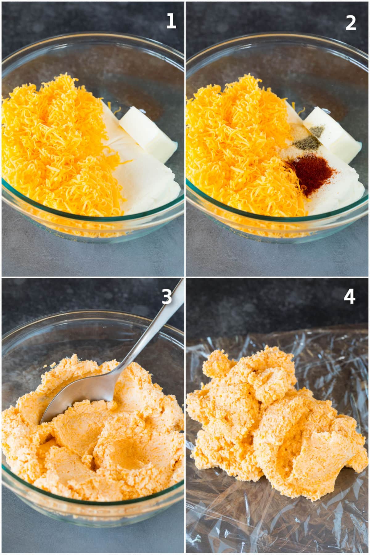 Cheeses and spices being mixed together in a glass bowl.