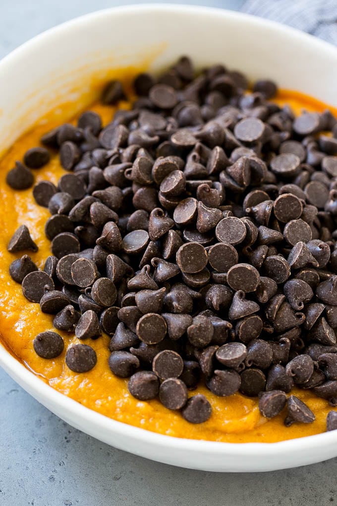 Batter with chocolate chips on top in a bowl.