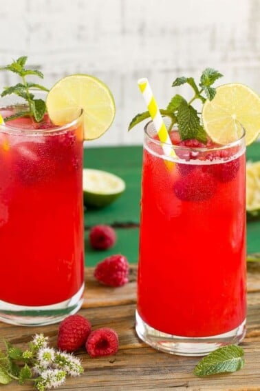 This sparkling raspberry limeade has just 4 ingredients and is a super refreshing drink for a hot day.