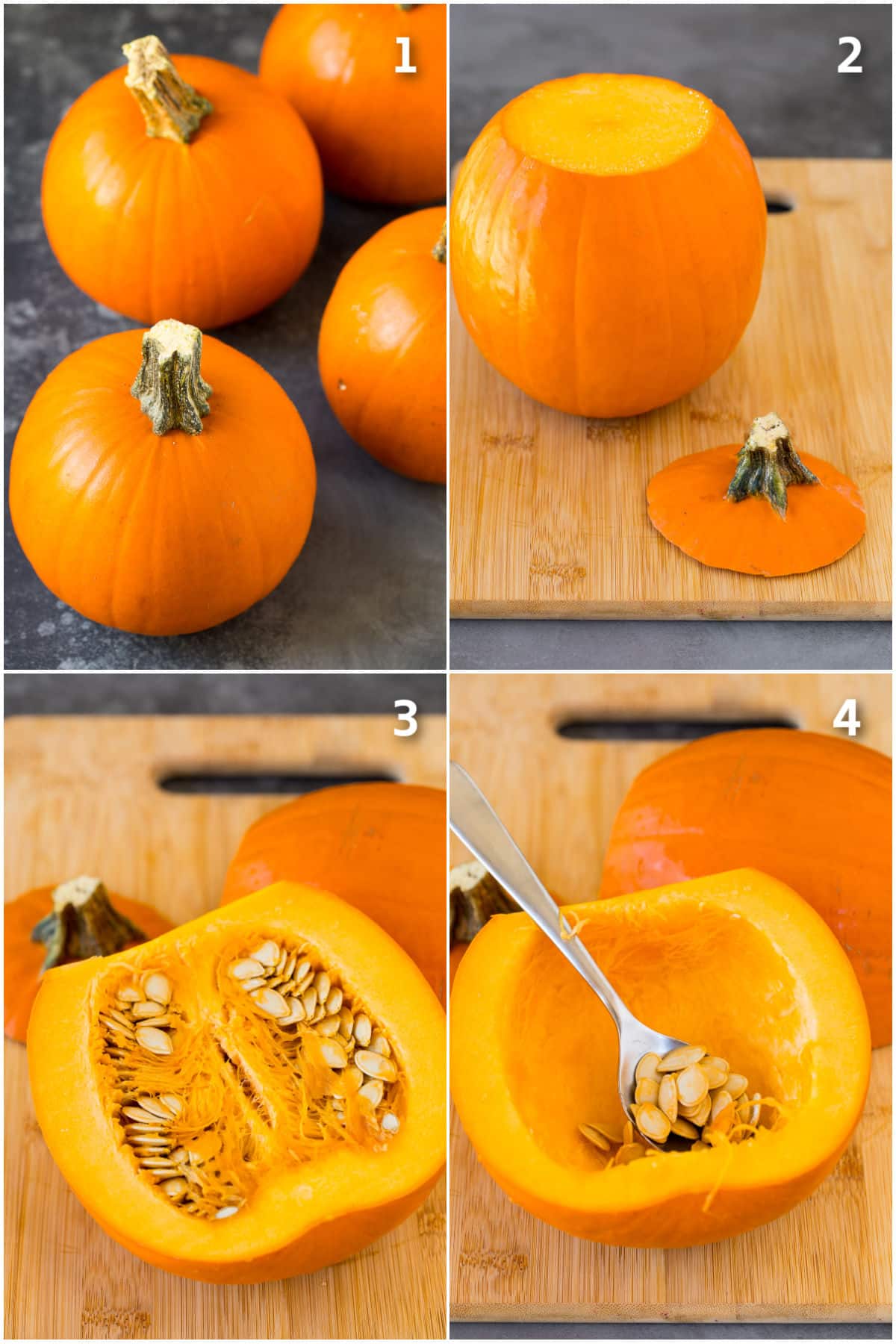 Step by step shots showing how to cut and prepare pumpkin.