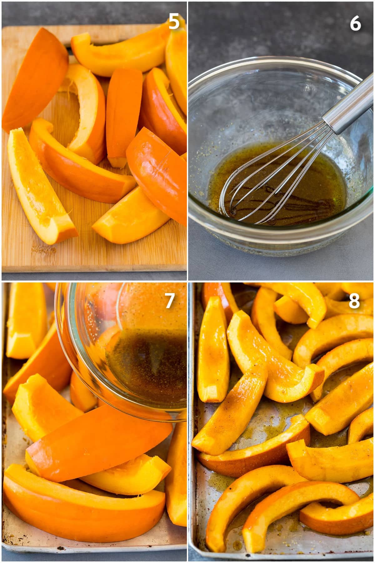 Process shots showing the squash being coated in oil and seasonings.