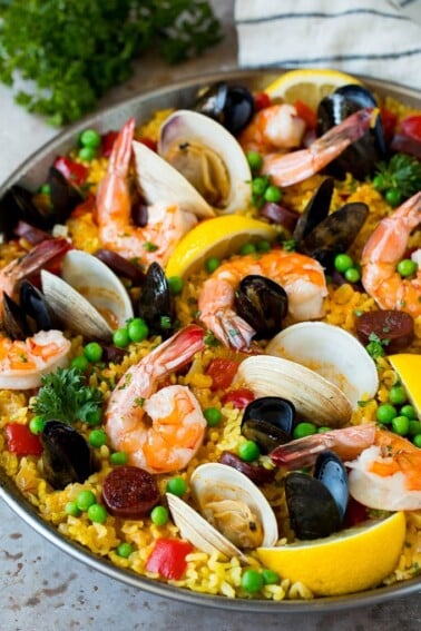 Seafood paella with shrimp, shellfish and sausage.