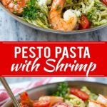 This recipe for shrimp pesto pasta is spaghetti tossed in a flavorful pesto sauce, then topped with sauteed shrimp and tomatoes. A fresh and easy dinner that's quick to make and packed with flavor!