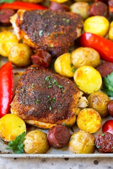 Spanish chicken thighs with chorizo and potatoes.