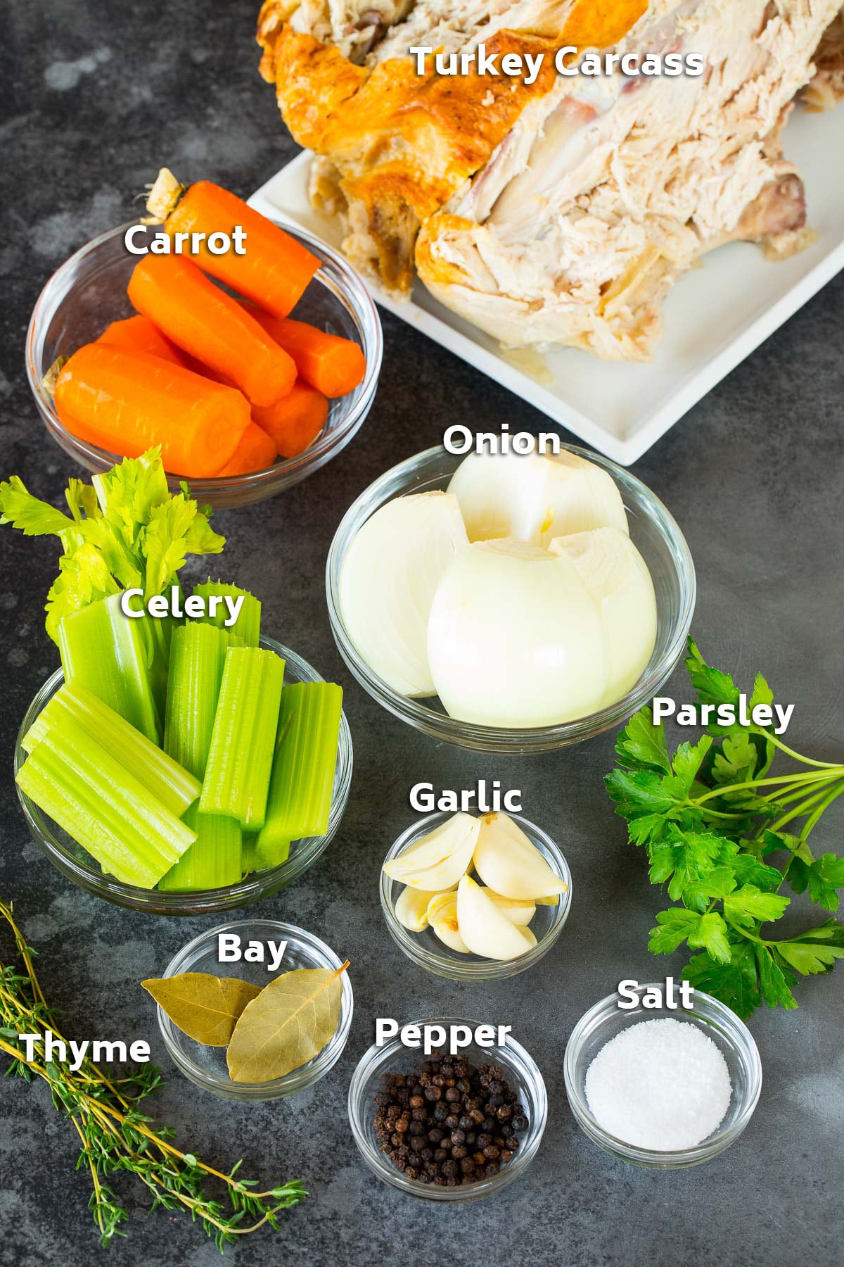 Ingredients to make a pot of homemade turkey broth.