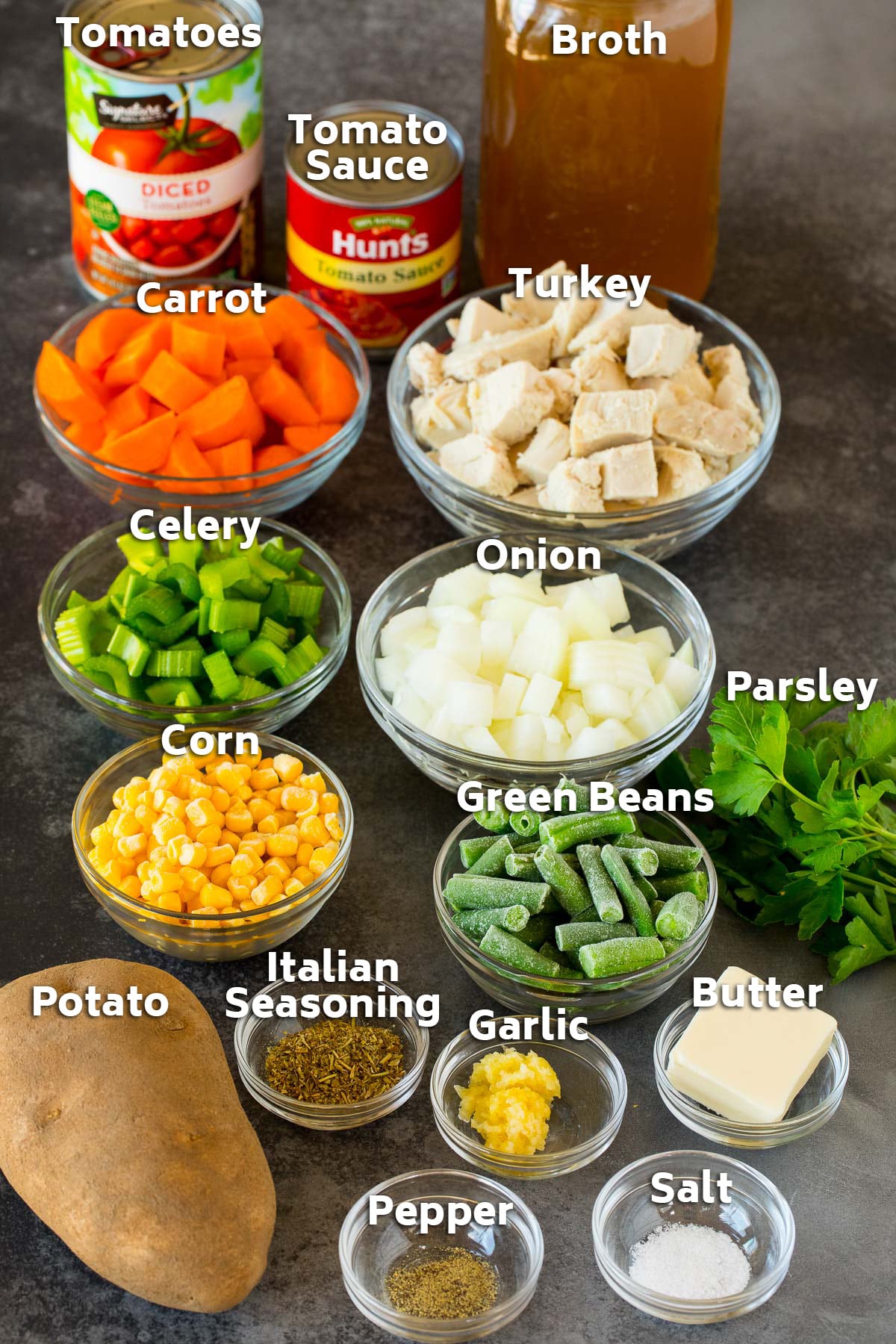 Bowls of ingredients including diced turkey, fresh and frozen vegetables and seasonings.