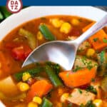 This turkey vegetable soup is loaded with diced turkey, carrots, green beans, potatoes and corn, all simmered together in a homemade tomato based broth.