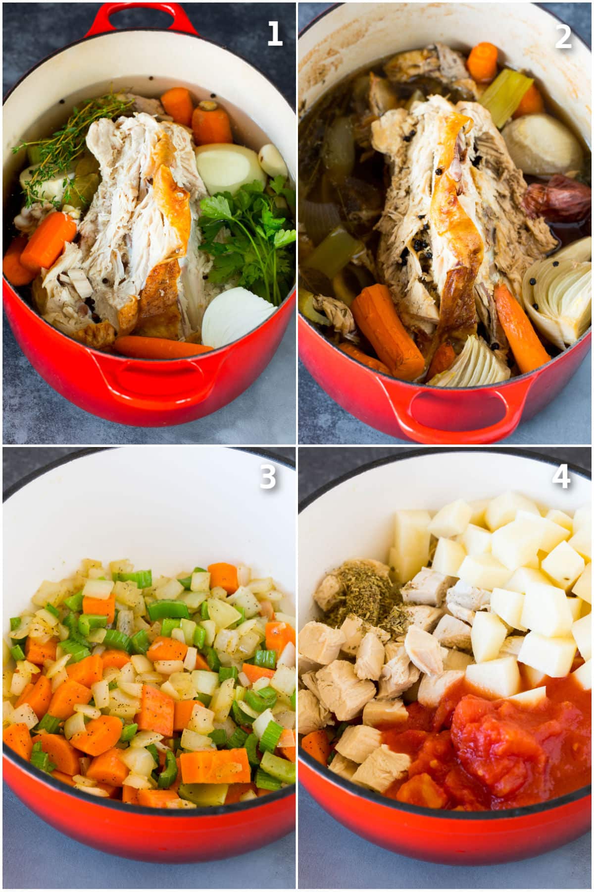 Turkey broth being made and vegetables in a soup pot.