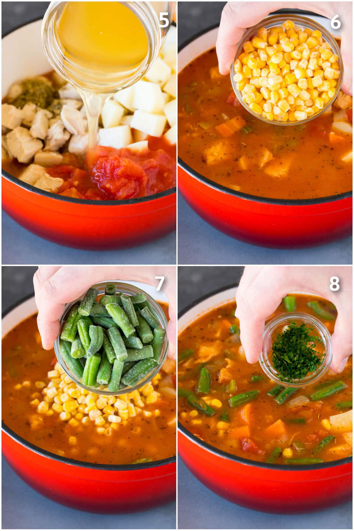 Vegetables and parsley being added to a pot of soup.