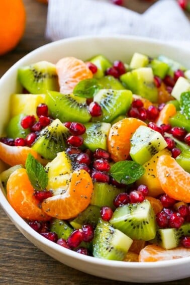 This winter fruit salad is a colorful variety of fresh fruit tossed in a light honey poppy seed dressing.