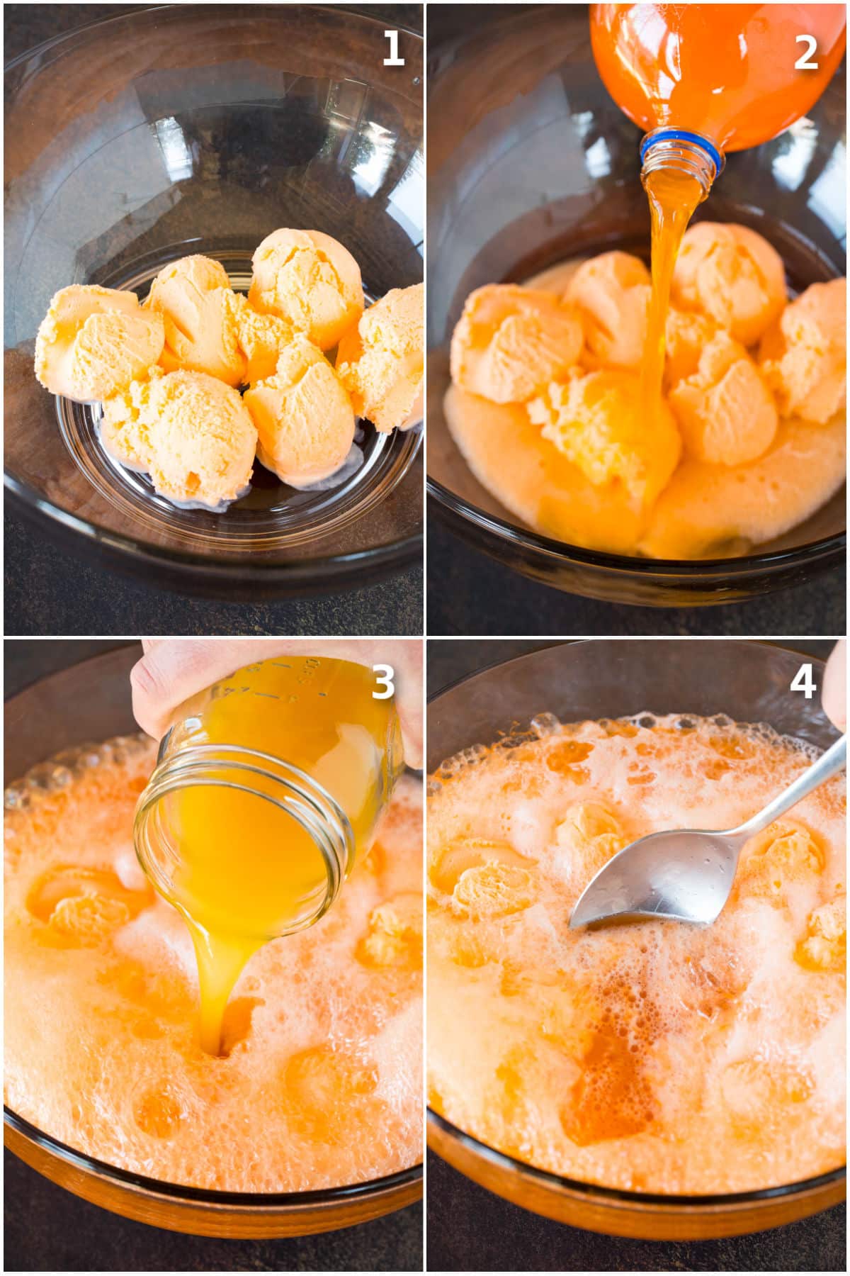 Orange sherbet in a bowl with orange soda and pineapple juice being poured in.